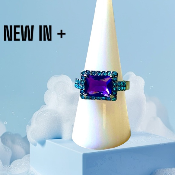 New Black Gold Plated Sterling Silver Square-Cut Lab-created amethysts Ring - Picture 5 of 8